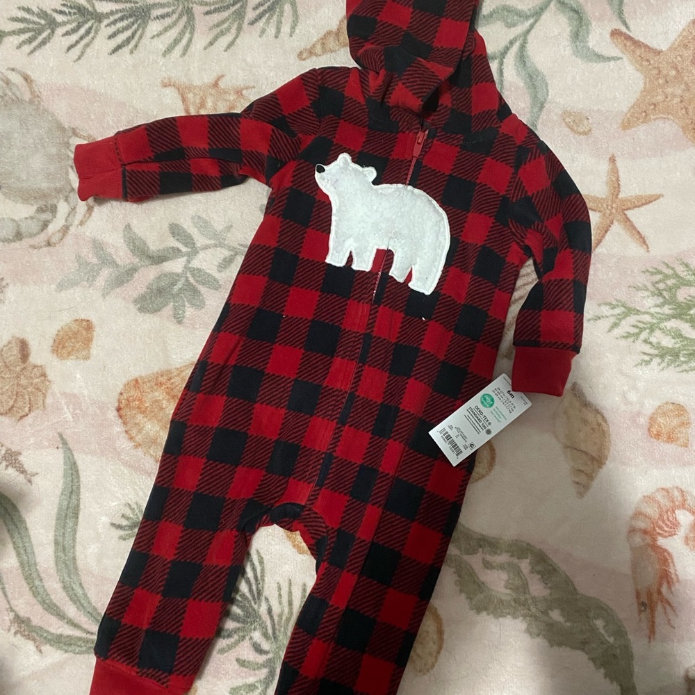 Carter's Red and Black Plaid Hooded Suit with Bear Appliqué